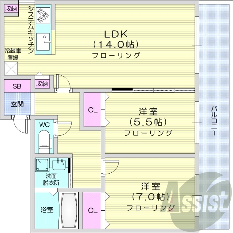 2LDK、エアコン、オートロック、独立洗面台、