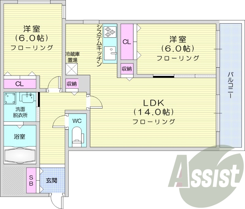 2LDK、エアコン、オートロック、独立洗面台、