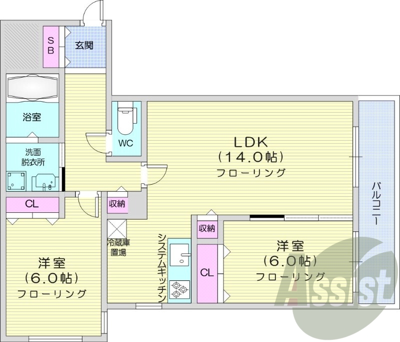 2LDK、エアコン、オートロック、独立洗面台、