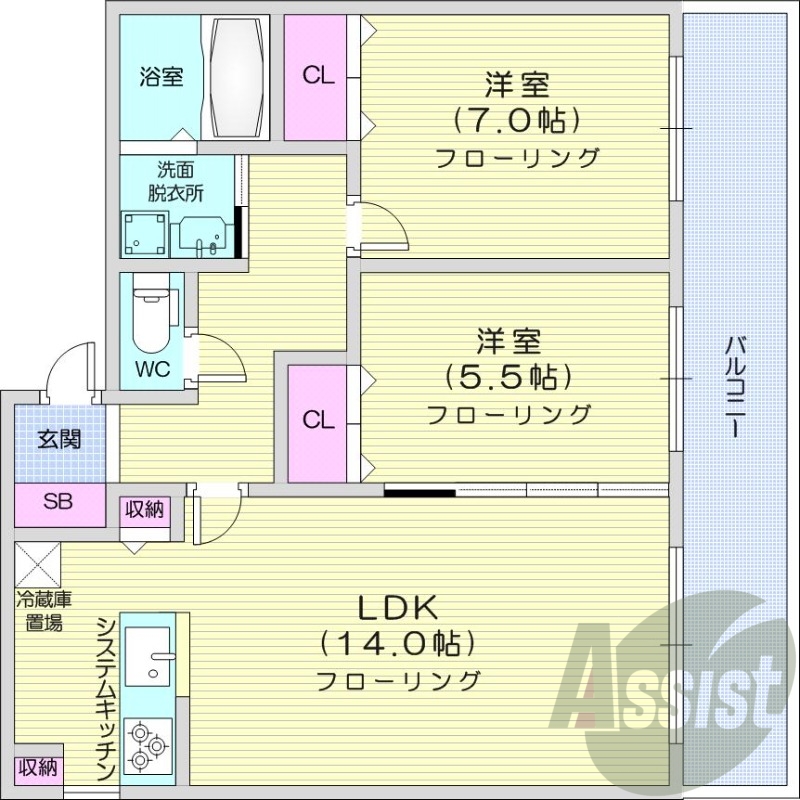 2LDK、エアコン、オートロック、独立洗面台、