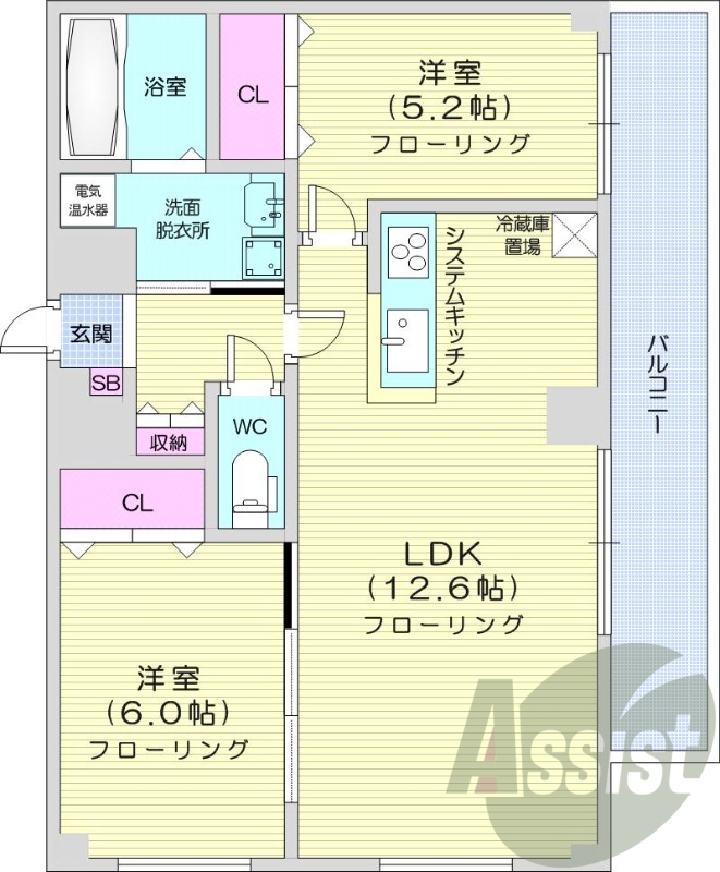 2LDK、オール電化、エアコン、システムキッチン、追い焚き