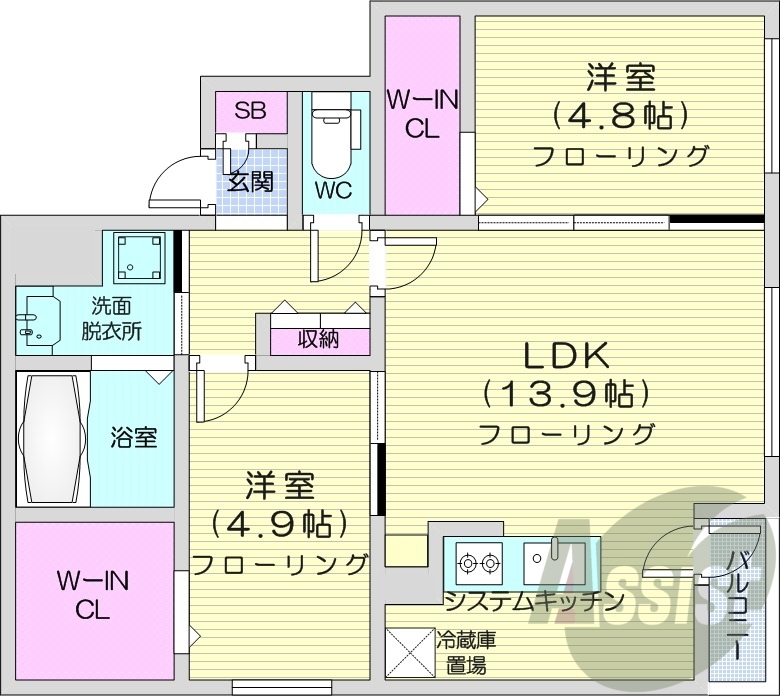 2LDK、エアコン、システムキッチン、シャンドレ