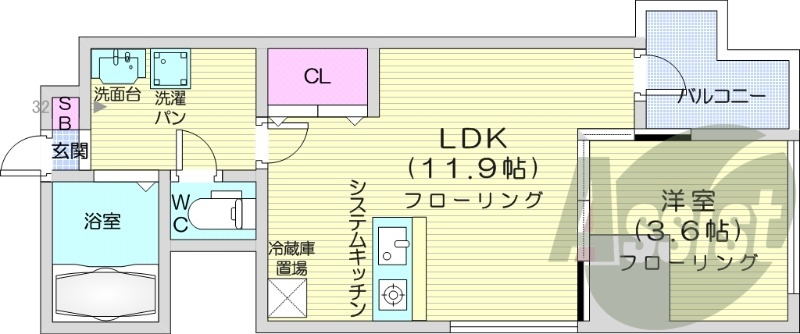 1LDK、クローゼット、シューズボックス、システムキッチン