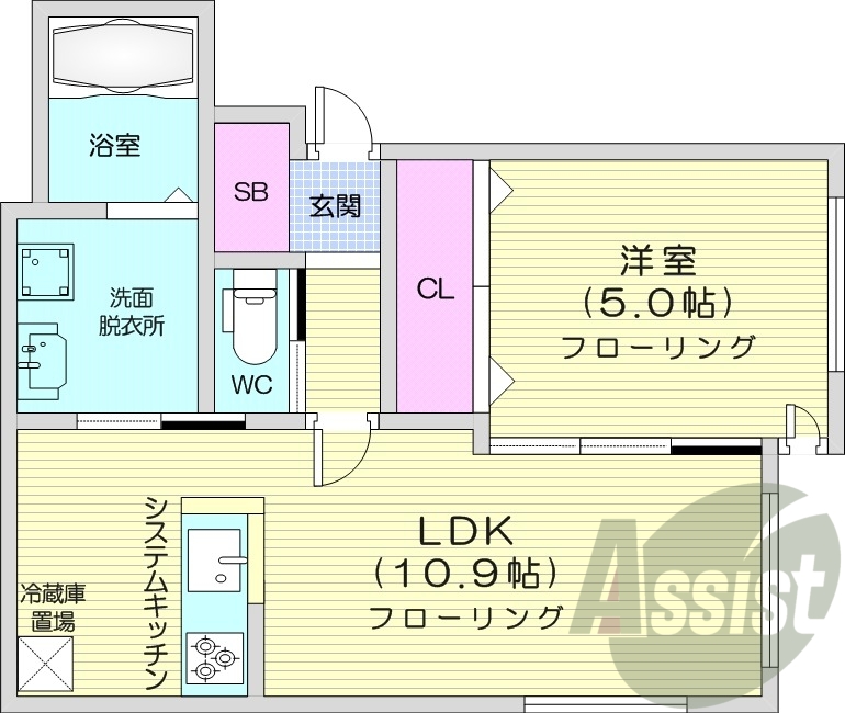 1LDK、システムキッチン、エアコン、ネット無料