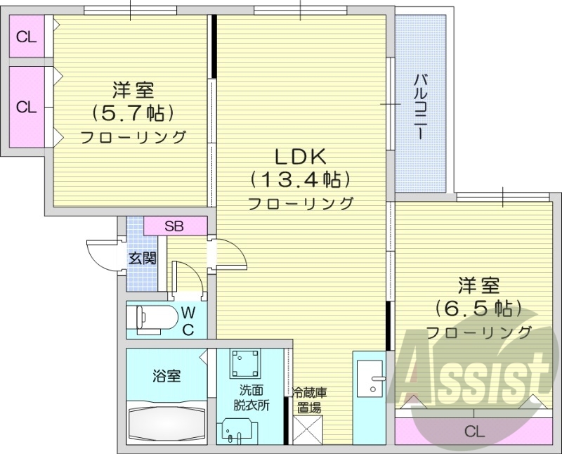 2LDK、ユニットバス、エアコン、バルコニー