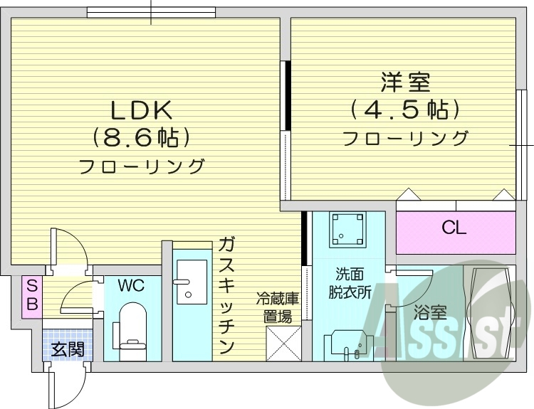 1LDK、灯油暖房、独立洗面台、バストイレ別