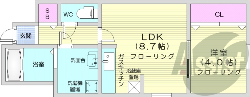 1LDK、インターネット無料、バストイレ別、洗髪洗面化粧台
