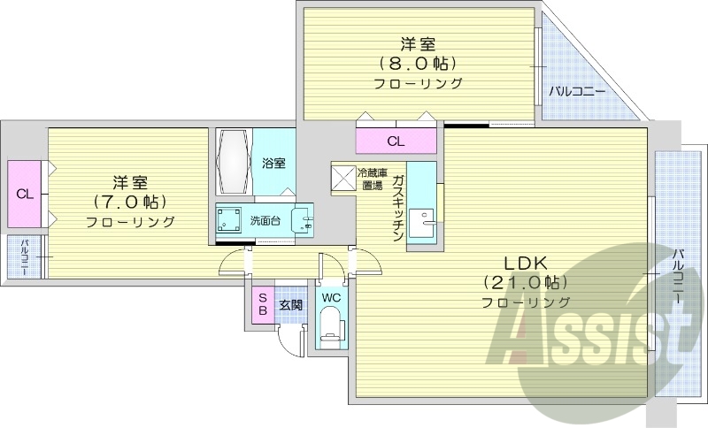 2LDK、都市ガス、オートロック、ウォシュレット