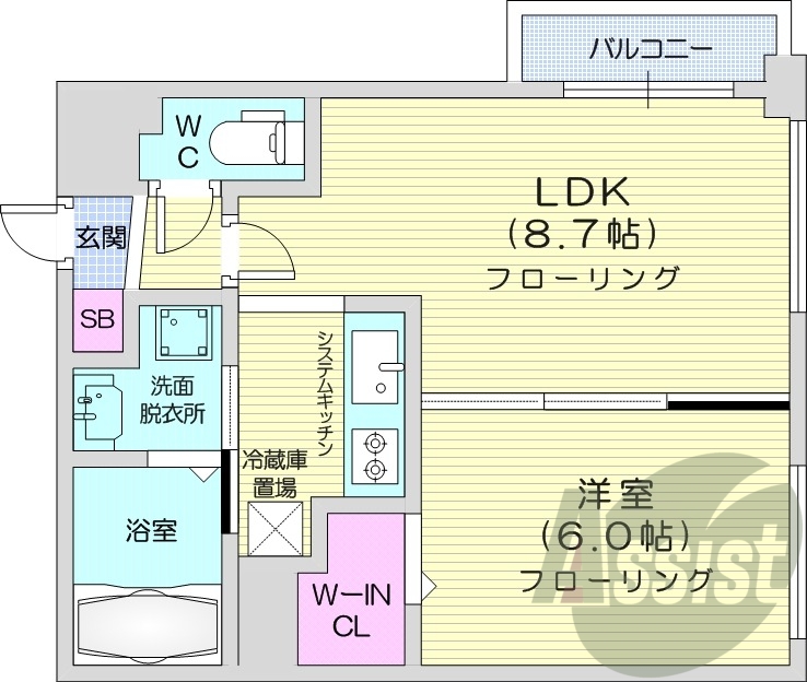 1LDK、クローゼット、都市ガス、洗面脱衣所、対面キッチン