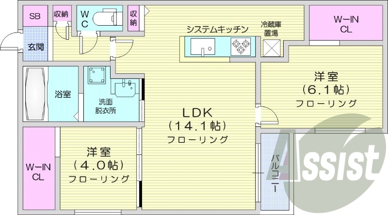 2ＬＤＫ、エアコン、都市ガス、システムキッチン