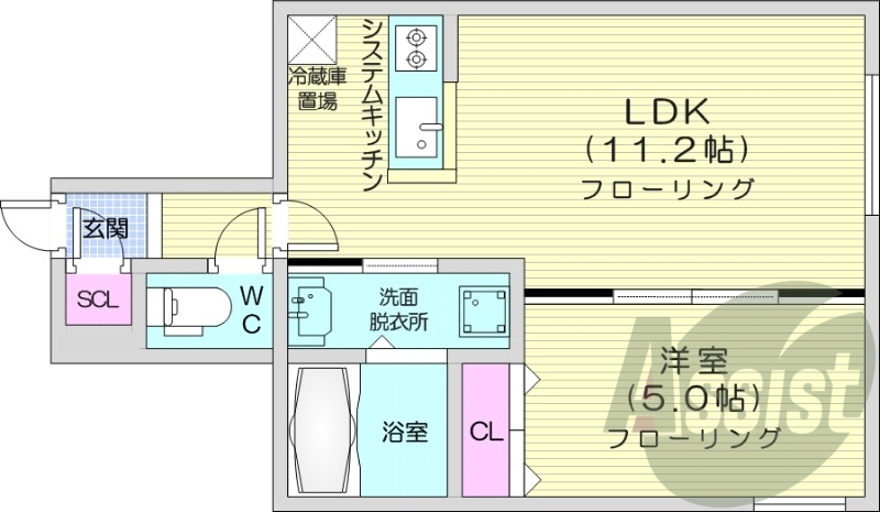 1LDK、エアコン、都市ガス、オートロック