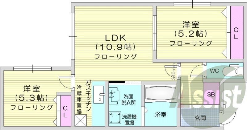 2LDK、角部屋、最上階、ネット無料、灯油暖房