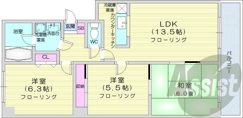 3LDK、トランクルーム、対面キッチン、バルコニー