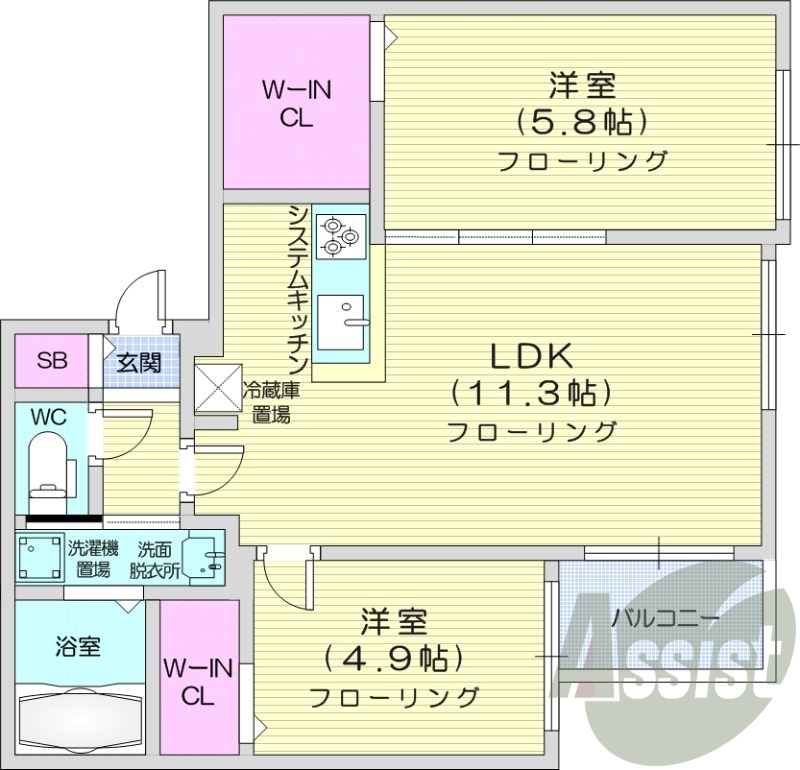 2LDK、角部屋、システムキッチン、エアコン