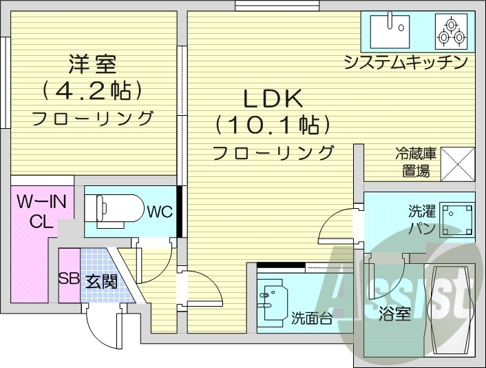 1LDK、システムキッチン、エアコン、独立洗面台
