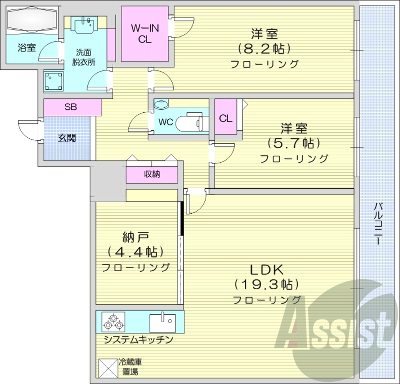 2LDK、都市ガス、エアコン、システムキッチン