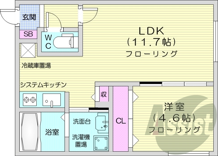 1LDK、エアコン、独立洗面台、システムキッチン、