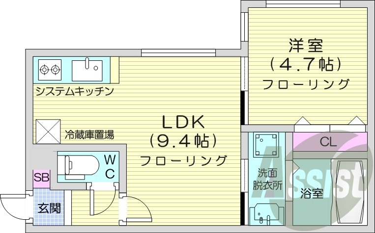 1LDK、都市ガス、エアコン、システムキッチン