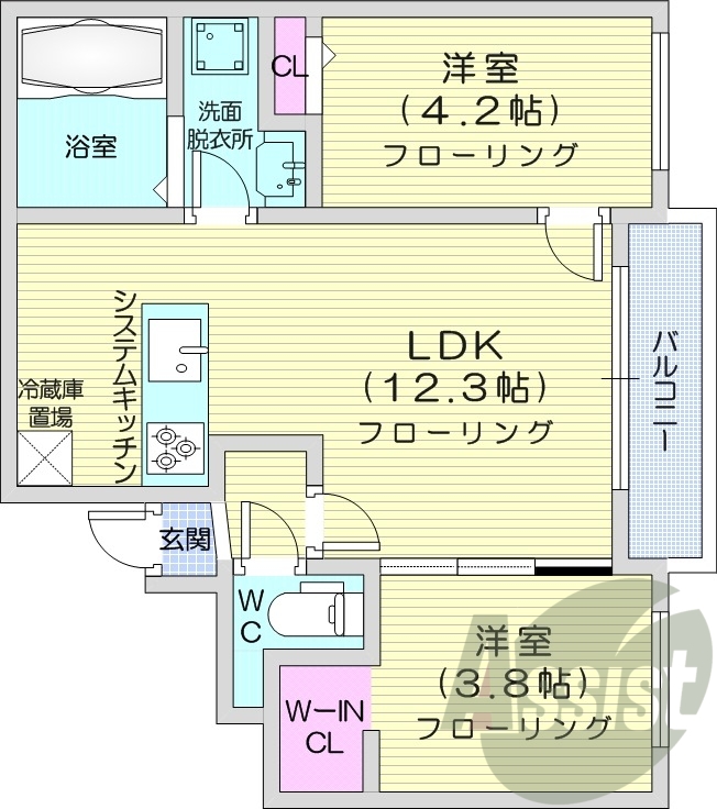 2LDK、エアコン、都市ガス、ウォークインクローゼット