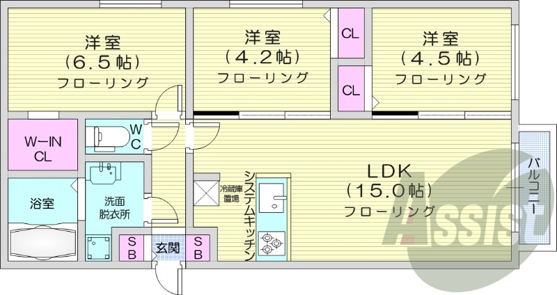 3LDK、エアコン、都市ガス、ウォークインクローゼット