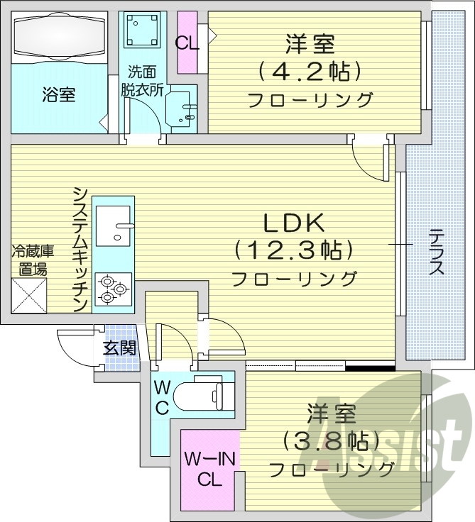 2LDK、エアコン、都市ガス、ウォークインクローゼット