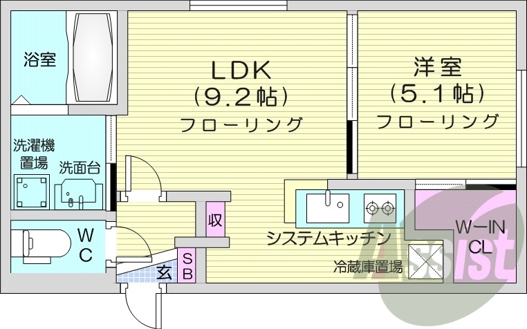1LDK、都市ガス、エアコン、ガス暖房、オートロック