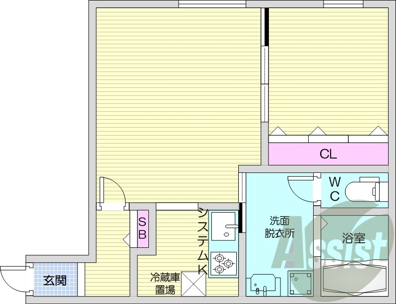 1LDK、エアコン、都市ガス、システムキッチン