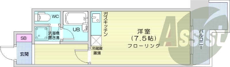 1R、オートロック、バストイレ別、ガスFF暖房