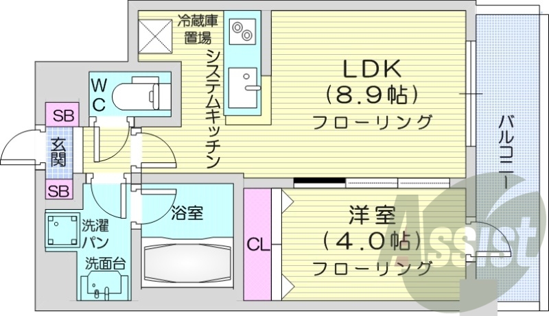 1LDK、オール電化、浴室乾燥機、システムキッチン