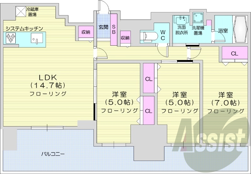 3LDK、都市ガス、ネット無料、システムキッチン