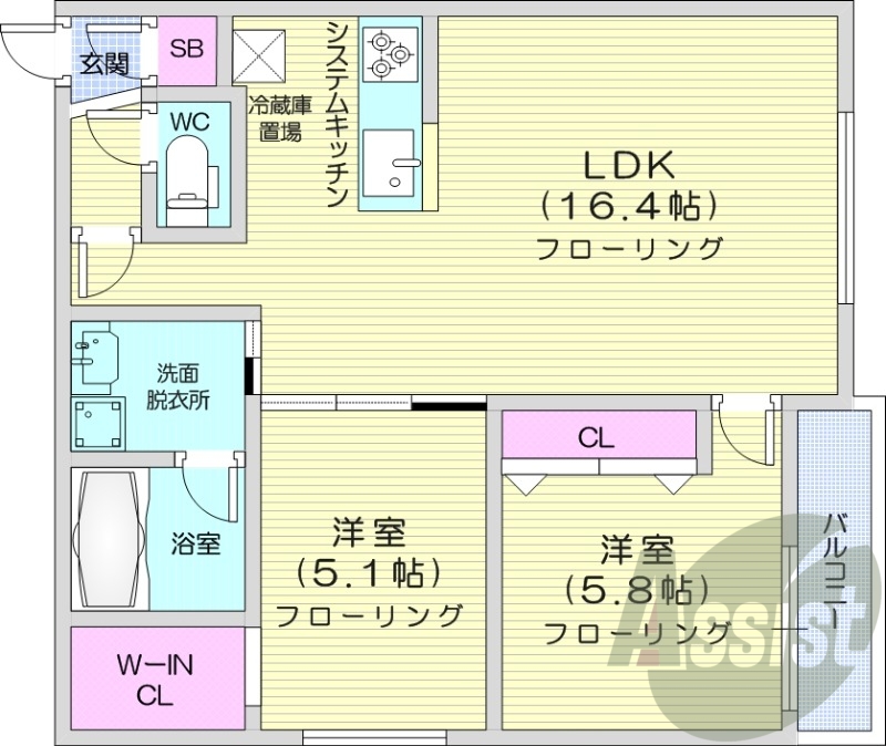 2LDK、エアコン、ペット可、システムキッチン