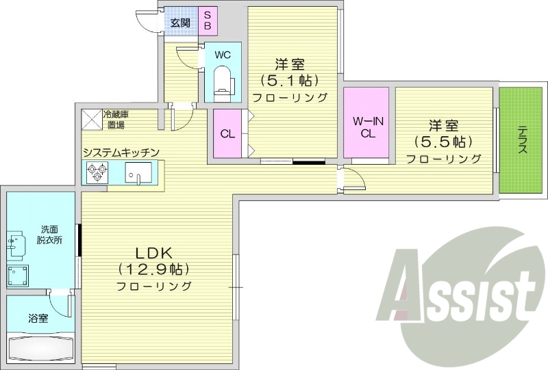 2LDK、エアコン、ペット可、システムキッチン