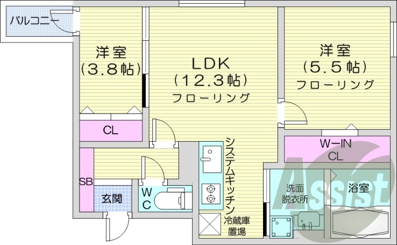 2LDK、エアコン、ペット可、システムキッチン