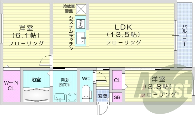2LDK、エアコン、ペット可、システムキッチン