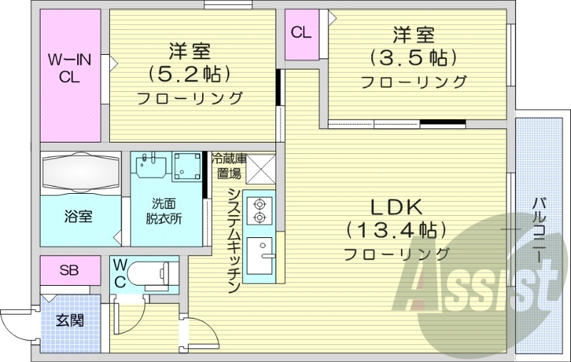 2LDK、エアコン、ペット可、システムキッチン