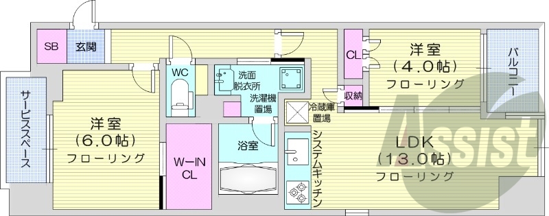 2LDK、都市ガス、ネット無料、追い焚き、浴室乾燥、床暖房