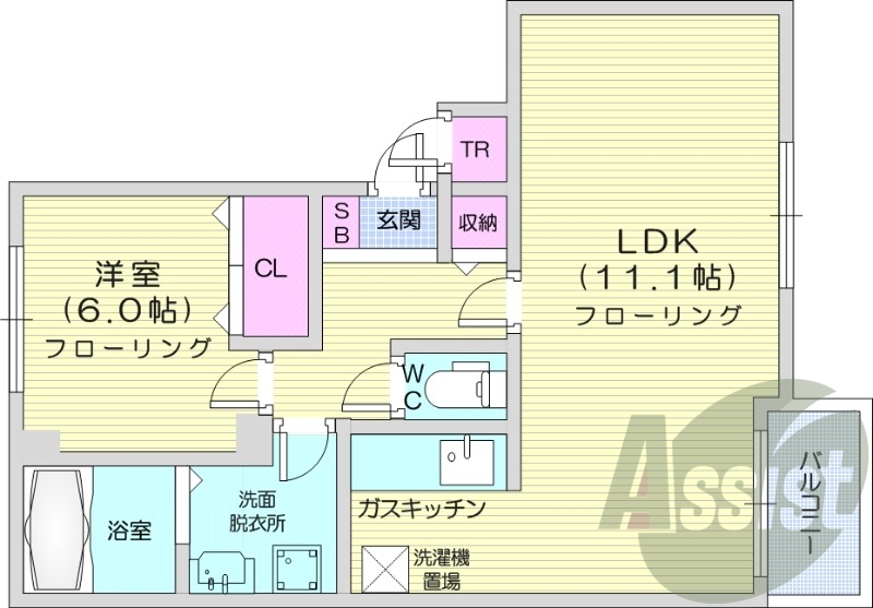1LDK、トランクルーム、浴室乾燥機、バルコニー