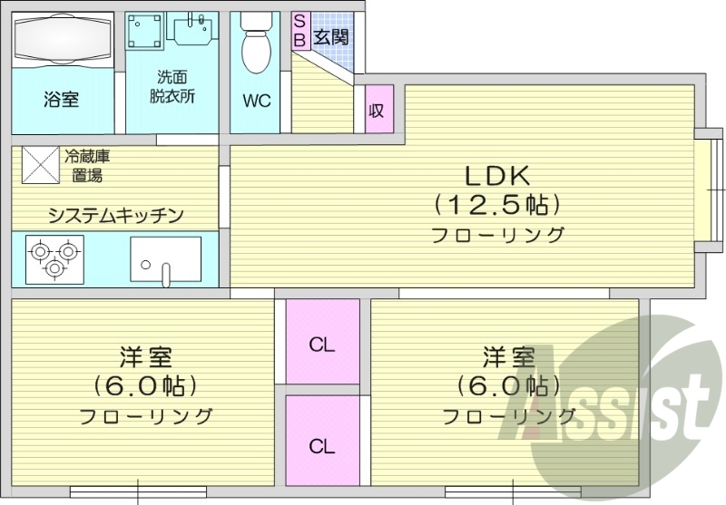 2LDK、エアコン、独立洗面台、インターネット無料