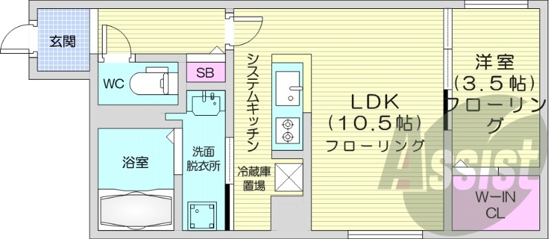1LDK、都市ガス、エアコン、ネット無料、エレベーター