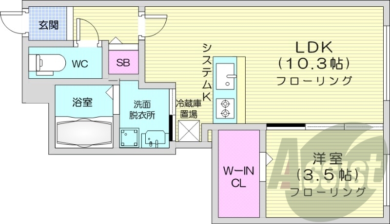 1LDK、都市ガス、エアコン、ネット無料、エレベーター