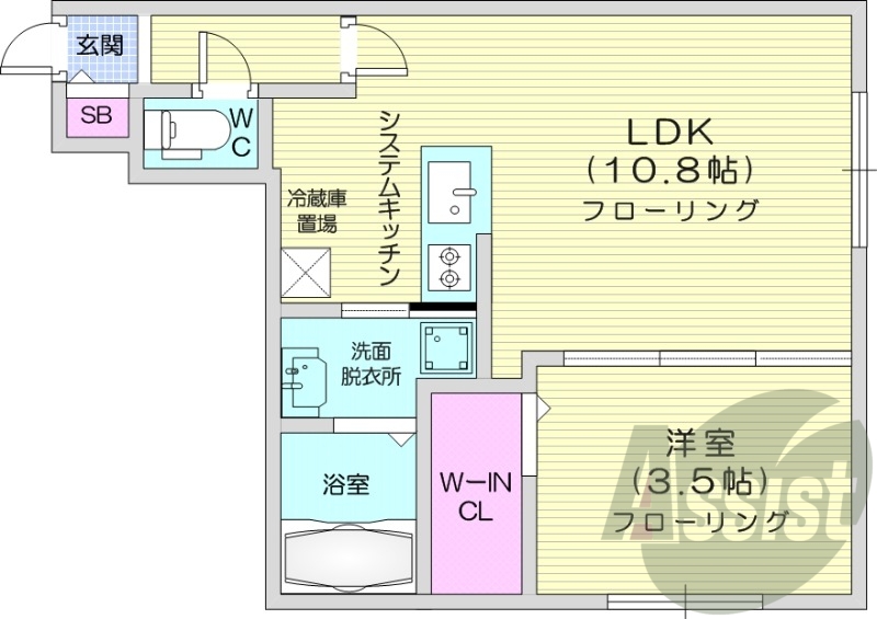1LDK、都市ガス、エアコン、ネット無料、エレベーター