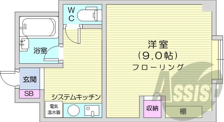 1K、エアコン、洗面台、電気暖房、システムキッチン、