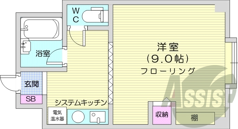 1K、エアコン、洗面台、電気暖房、システムキッチン、