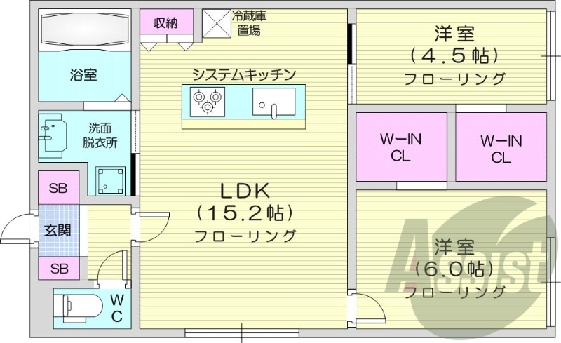 2ＬＤＫ、エアコン、都市ガス、システムキッチン