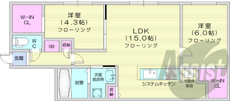 2ＬＤＫ、エアコン、都市ガス、システムキッチン