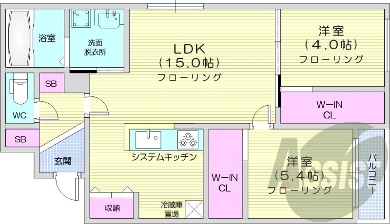 2ＬＤＫ、エアコン、都市ガス、システムキッチン