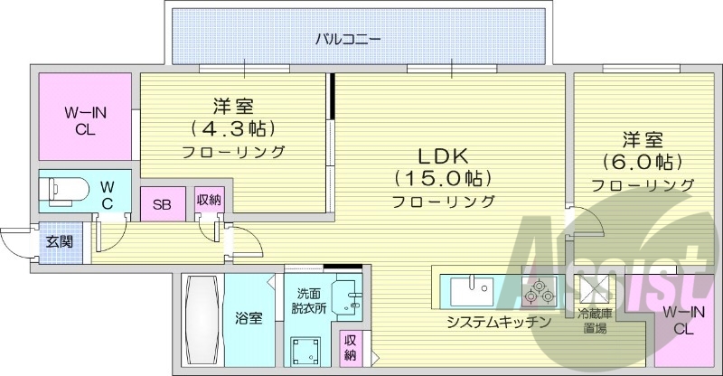 2ＬＤＫ、エアコン、都市ガス、システムキッチン