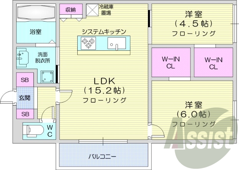 2ＬＤＫ、エアコン、都市ガス、システムキッチン
