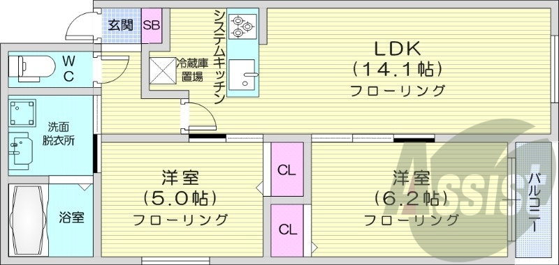 2LDK、エアコン、システムキッチン、独立洗面台、浴室乾燥機