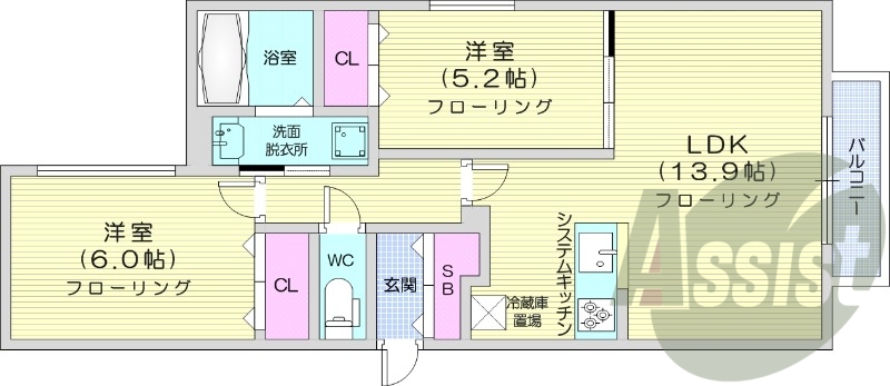 2LDK、エアコン、システムキッチン、独立洗面台、浴室乾燥機